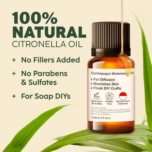 Kukka Citronella Oil For Candle Making - 100% Natural Citronella Essential Oil For Diffuser & Aromatherapy - Essential Oil Citronella For Skin - Soap Making Scent & Diy (0.34 Fl Oz)