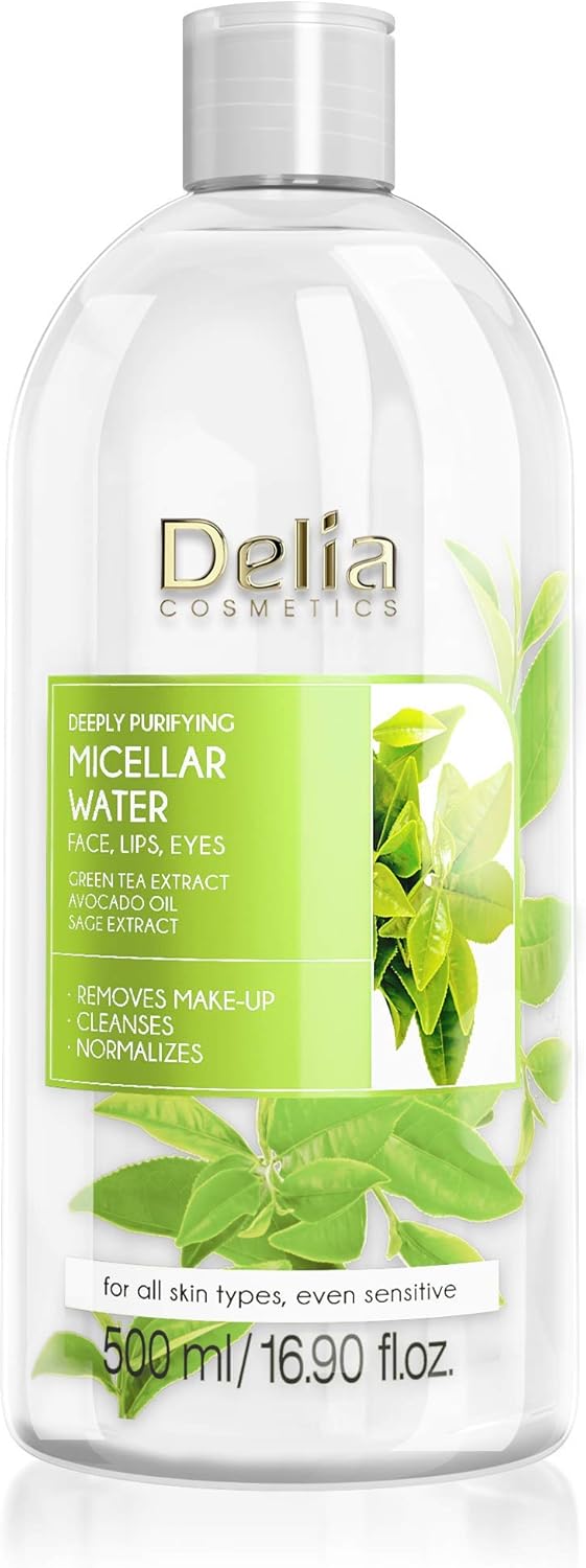 Delia Cosmetics - Purifying Micellar Water - Facial Cleanser With Green Tea Extract & Avocado Oil - Deep Cleansing, Refreshing - Reduced Sebum Production - 500Ml