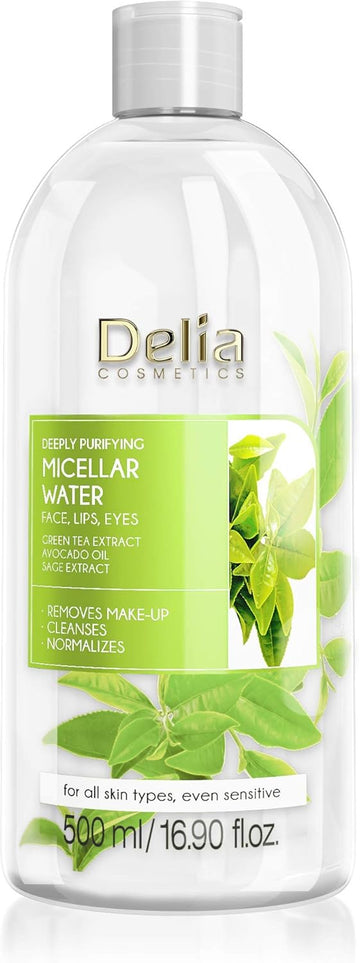 Delia Cosmetics - Purifying Micellar Water - Facial Cleanser With Green Tea Extract & Avocado Oil - Deep Cleansing, Refreshing - Reduced Sebum Production - 500Ml