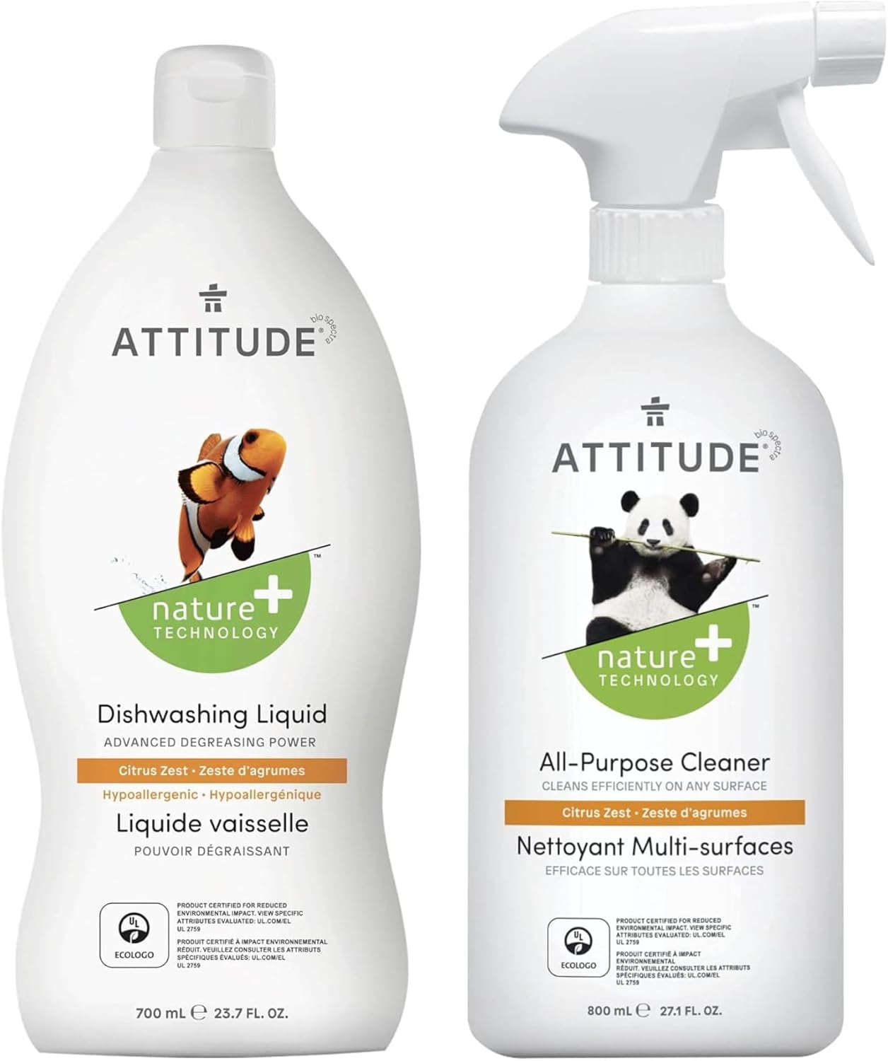 Bundle Of Attitude All-Purpose Cleaner, Ewg Verified, Streak-Free, Plant- And Mineral-Based, Vegan, Citrus Zest, 27.1 Fl Oz + Dishwashing Liquid, Advanced Degreasing Power, Citrus Zest, 23.7 Fl Oz