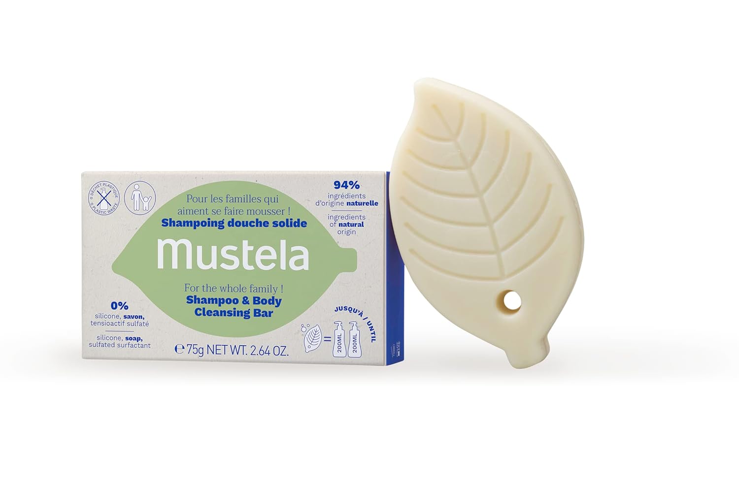 Mustela Solid Shampoo & Body Cleansing Bar For Baby, Kid & Adult - With Avocado Oil & Olive Oil - Fragrance-Free, Plastic-Free, Vegan & Biodegradable Formula - 2.64 Oz