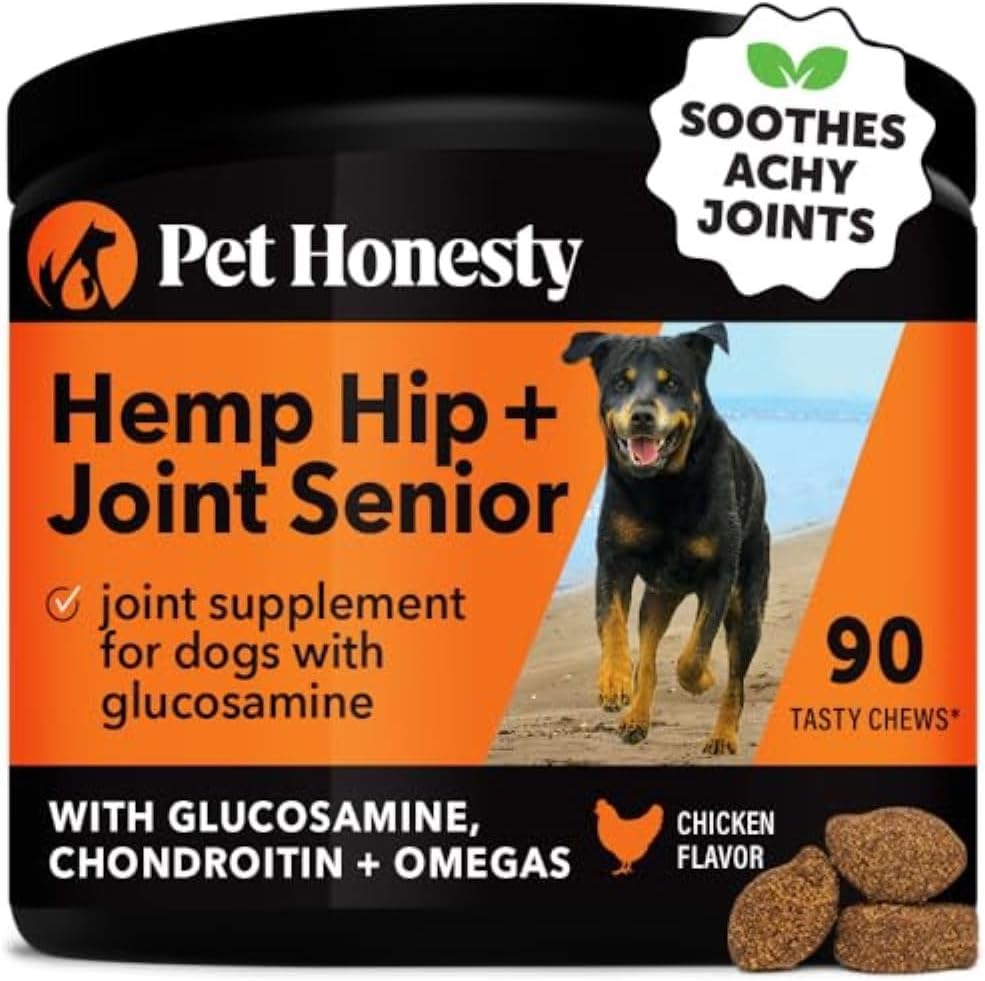 Pet Honesty Senior Hemp Hip & Joint Supplement For Dogs - Dog Joint Supplement With Hemp Oil & Powder, Glucosamine For Dogs, Collagen, Msm & Green Lipped Mussel - Mobility For Senior Dogs (Chicken 90)