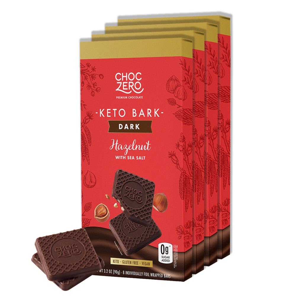 Choczero Keto Bark, Dark Chocolate Hazelnut With Sea Salt, Sugar Free, Low Carb, No Sugar Alcohols, No Artificial Sweeteners, All Natural, Non-Gmo, 3.2 Ounce (Pack Of 4)