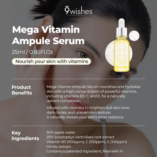 9 Wishes Mega Vitamin C Ampule Serum - Helps Keep Skin Youthful With Vitamin C, B, E, Moist And Glowing By Reducing Look Of Age And Dark Spots - 0.85Fl. Oz