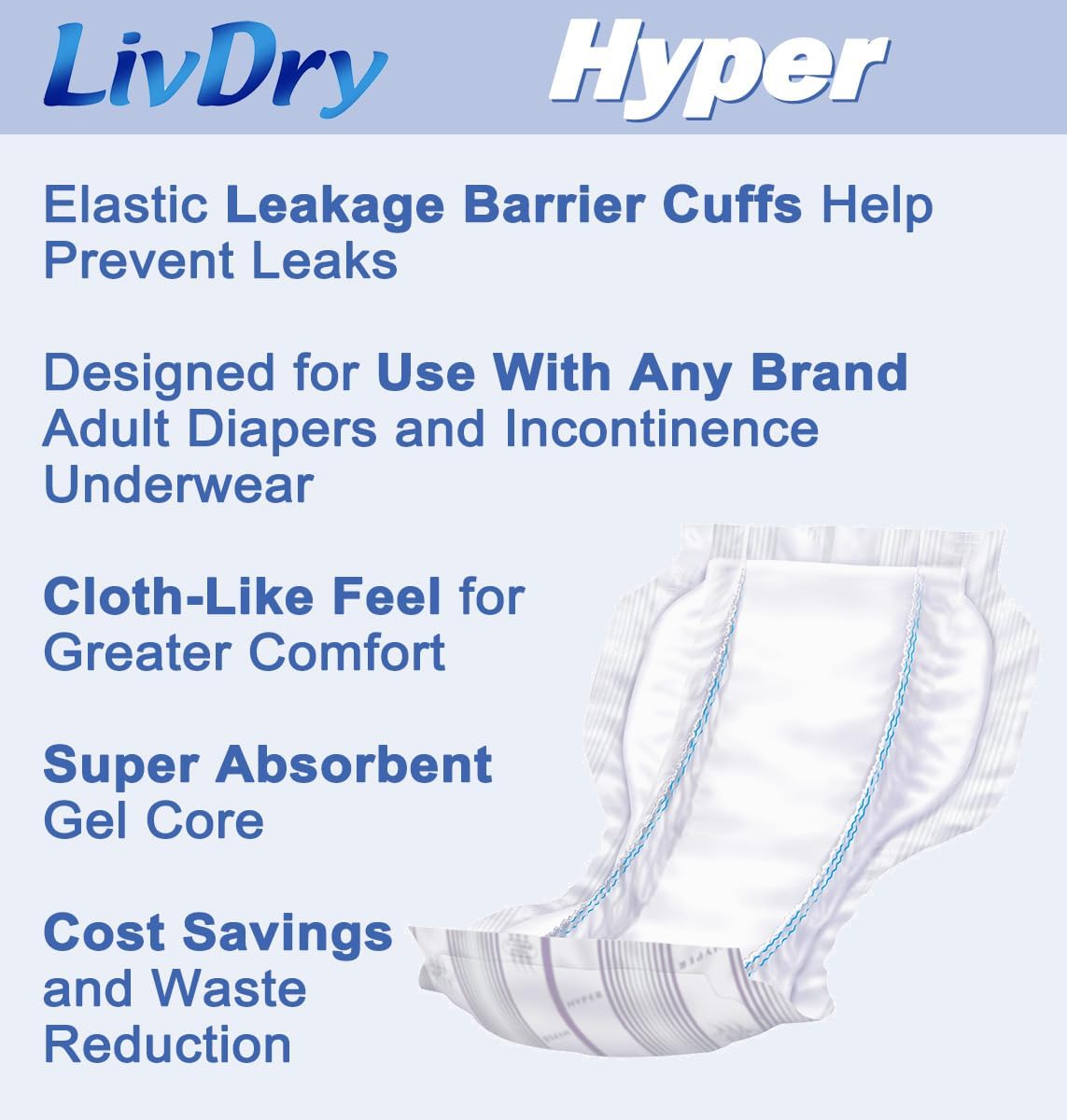 LivDry High Absorbency Pad Insert for Incontinence Briefs and Adult Diapers, Women and Men, Hyper 2000 (20 Count) : Health & Household