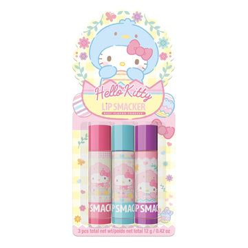 Lip Smacker Hello Kitty Lip Balm Trio, Adorable Sanrio Collectible, Moisturizing & Nourishing Fruity Flavors, Guavalicious Day, Raspberry Roll, Cherry Sweet- Blue