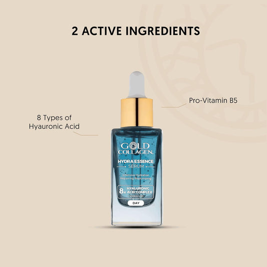 Gold Collagen Hydra Essence - Daily Moisture Hyaluronic Acid Serum Face & Neck Skincare, Repairing & Plumping Effect For Smoother Skin, Face Serum For Skin Care Helps Reduce Fine Lines & Wrinkles 30Ml