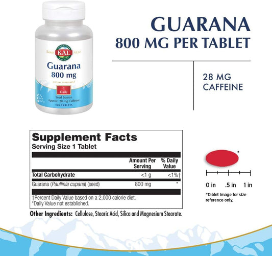 KAL Guarana 800 | Approx. 28 milligrams of Naturally Occurring Caffeine | Healthy Energy and Focus Support | 120 Tablets