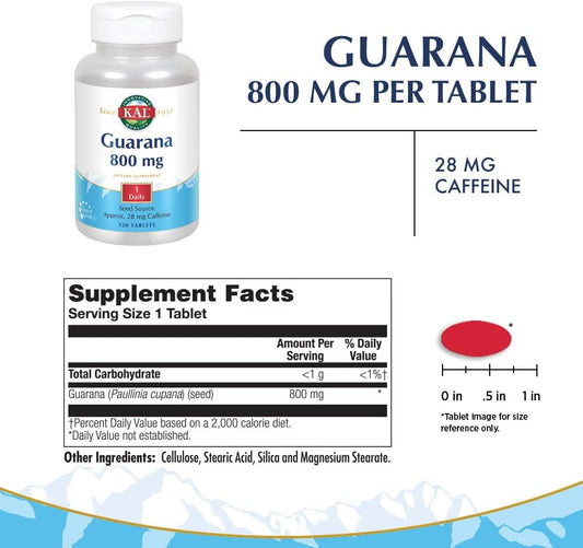 Kal Guarana 800 | Approx. 28 Milligrams Of Naturally Occurring Caffeine | Healthy Energy And Focus Support | 120 Tablets