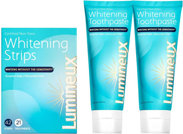 Lumineux Whitening Duo Set – Peroxide Free - Enamel Safe for Whiter Teeth – Includes 21 Whitening Treatments & 2 Pack Whitening Toothpaste Certified Non-Toxic, Fluoride Free & Dentist Formulated