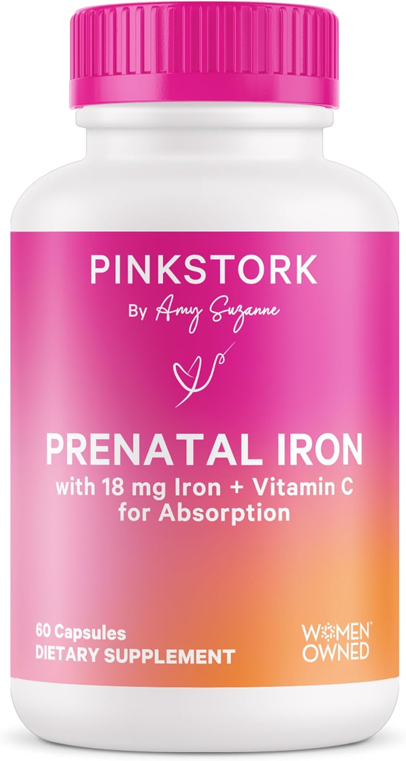 Pink Stork Prenatal Iron Supplement For Women - 18 Mg Non-Constipating Iron & Vitamin C For Pregnancy, Postpartum, & Breastfeeding - Focus, Fatigue, & Blood Cell Production - 2 Month Supply