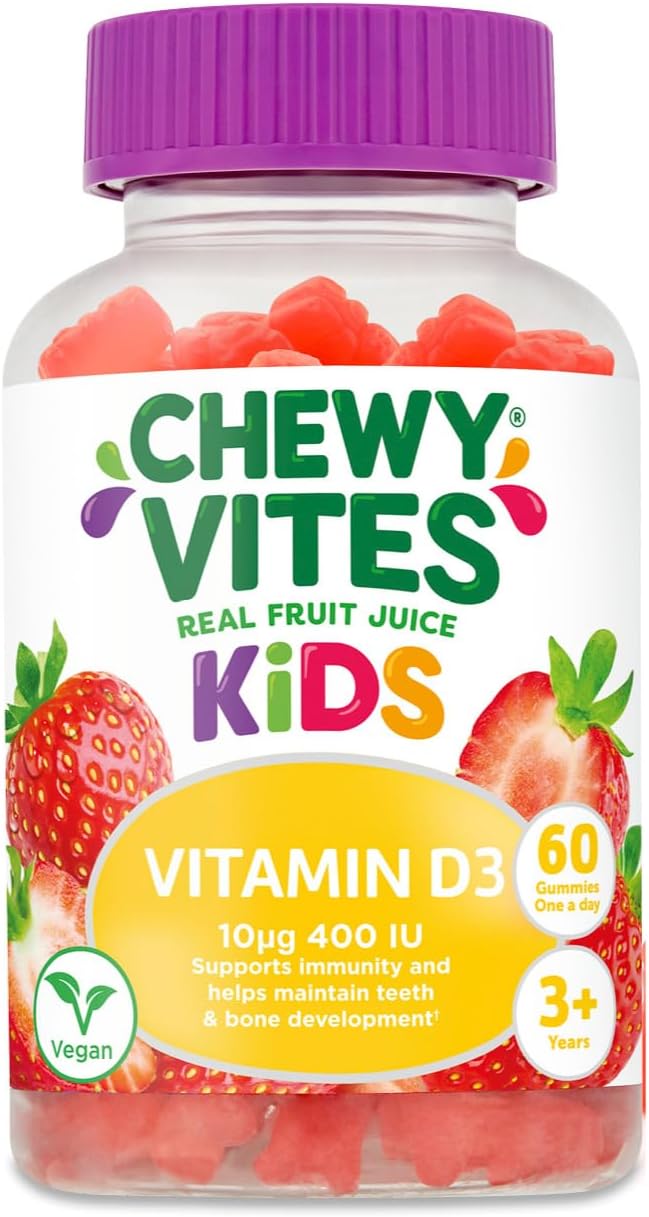 Chewy Vites Kids High Strength Vit D3, 60 Kids Vitamin D Gummies, 10 Mcg 400 Iu Vitamin D3, 2 Months Supply, Vegan, Real Fruit Juice, Age 3 +, Strawberry Flavour (Pack Of 2)