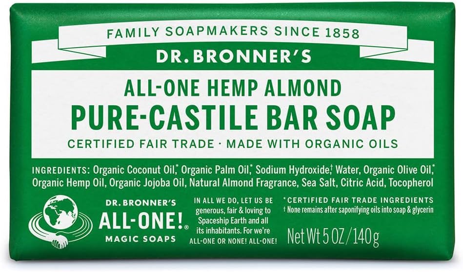 Dr. Bronner's - Pure-Castile Bar Soap (Almond, 5 ounce, 2-Pack) - Made with Organic Oils, For Face, Body and Hair, Gentle and Moisturizing, Biodegradable, Vegan, Cruelty-free, Non-GMO : Bath Soaps : Beauty & Personal Care