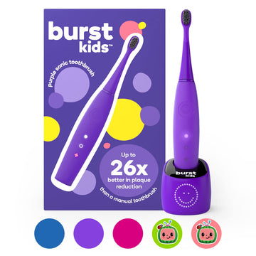 BURSTkids Kids Electric Toothbrush, Soft Bristle Kid & Toddler Toothbrush, 2-Minute Timer, Rechargeable Battery, Easy-Grip Silicone Handle, 2 Brush Modes for Healthy Smiles, Ages 3+, Purple