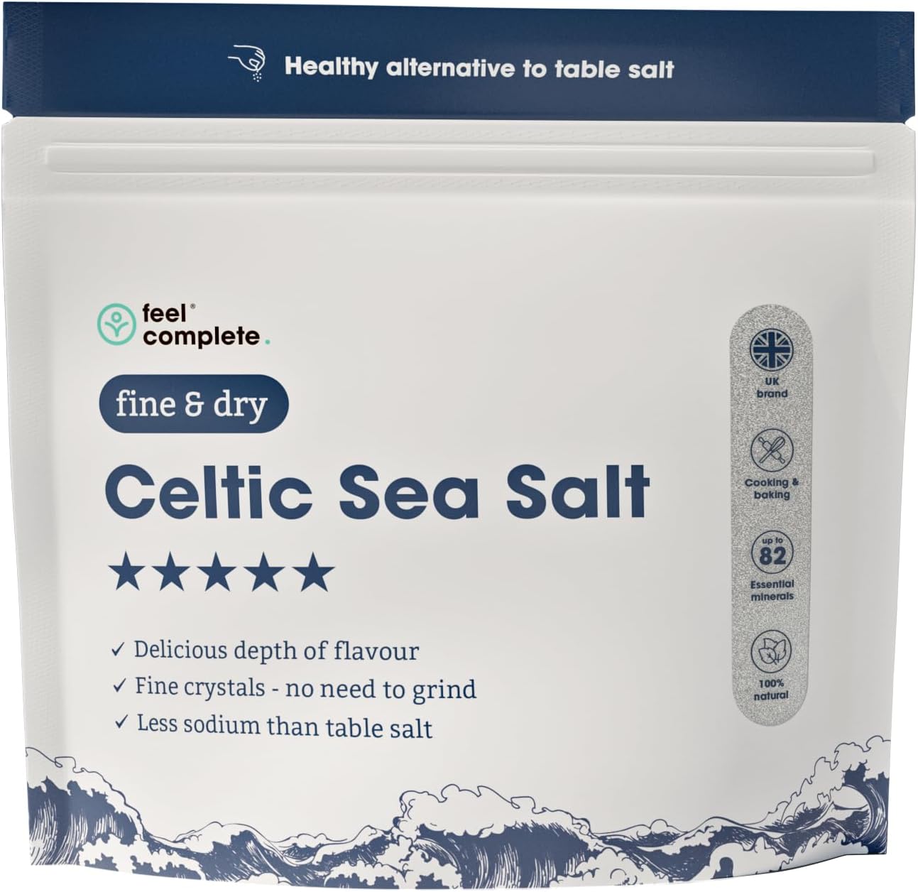 Feel Complete - 200G Fine & Dry Celtic Salt – No Grinding Needed – Organic Approved, 82 Essential Minerals – Healthy Celtic Sea Salt Organic Alternative To Table Salt
