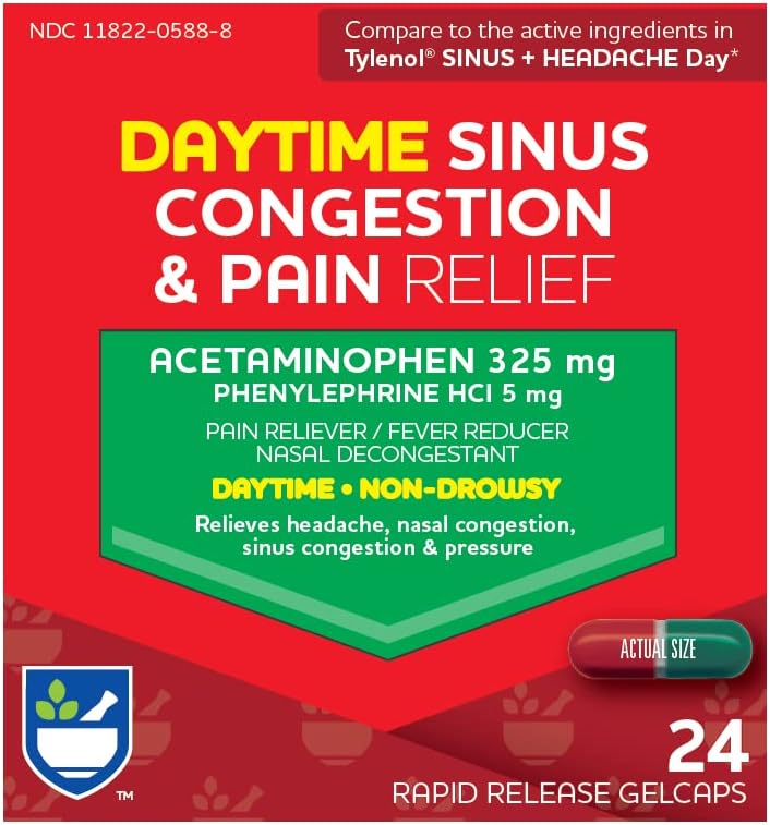 Rite Aid Non-Drowsy Daytime Sinus Congestion & Pain Relief, Rapid Release Gelcaps - 24 Count | Nasal Decongestant | Cold Medicine for Adults | Allergy Medication | Allergy Relief | Sinus Relief