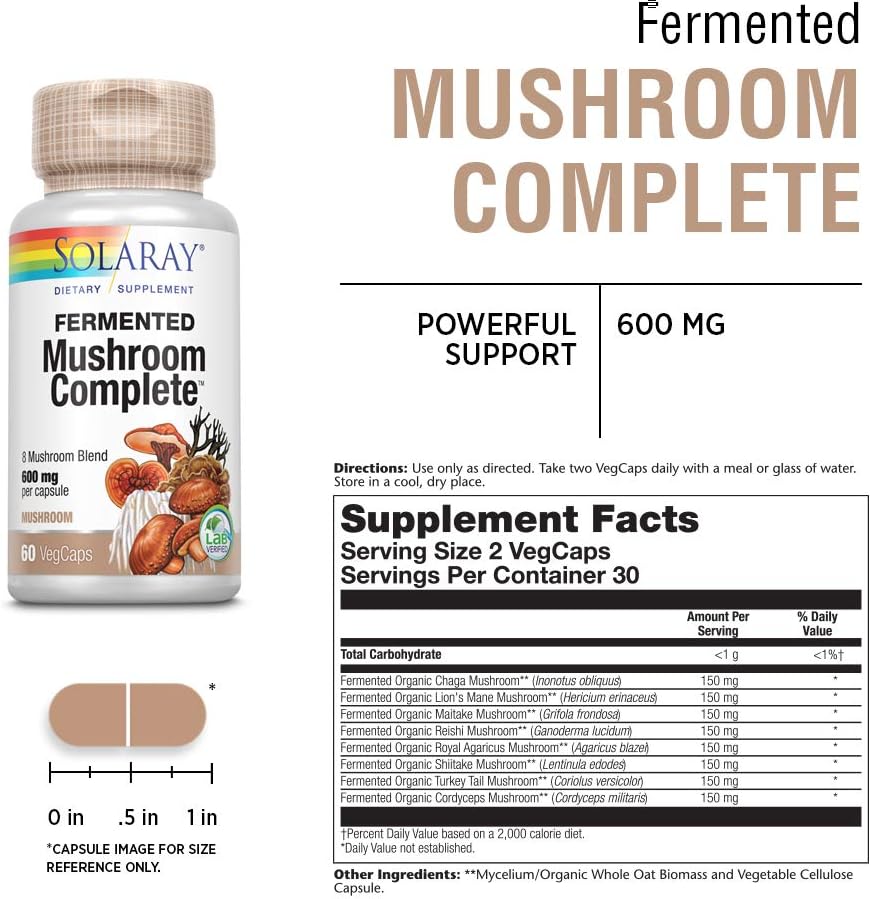 Solaray Fermented Mushroom Complete 1200 mg | Healthy Immune Function Support | 30 Serv | 60 VegCaps