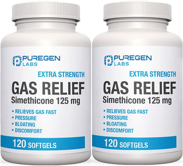 P Puregen Labs Extra Strength Gas Relief Softgels With Simethicone 125 Mg | Fast Relieve Of Pressure, Bloating And Painful Discomfort – 2 Pack | Total 240 Softgels