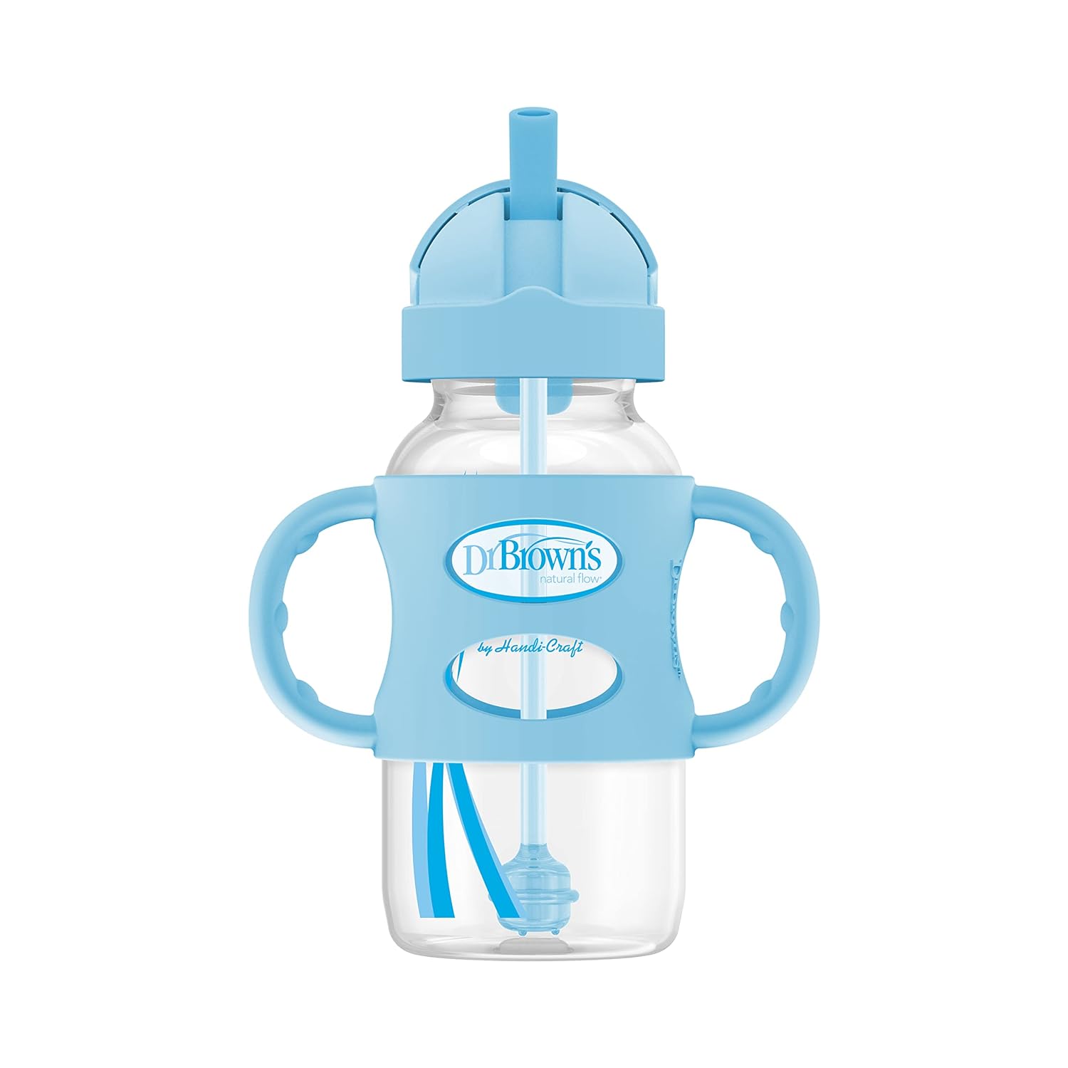 Dr. Brown's Milestones Wide-Neck Sippy Straw Bottle with 100% Silicone Handles and Weighted Straw, 9 oz/270 mL, Blue, 6m+ : Baby