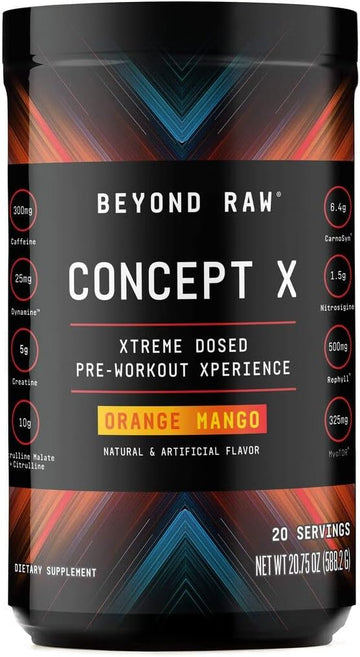 Beyond Raw Concept X | Clinically Dosed Pre-Workout Powder | Contains Caffeine, L-Citrulline, Creatine, And Beta-Alanine | Orange Mango | 20 Servings