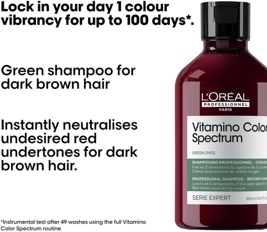 L'Oréal Professionnel Vitamino Color Spectrum Green Tinted Shampoo 300Ml, For Dark Brown Coloured Hair, With Ferulic Acid + Citric Acid, Neutralise Undesired Red Undertones