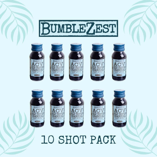 Bumble Zest Detox + Defend Health Shot – Acv & Charcoal Drink – Pack Of 10 - Apple Cider Vinegar, Milk Thistle & Activated Charcoal – Aids Digestion & Metabolism – Vegan & Low In Calories – 60Ml