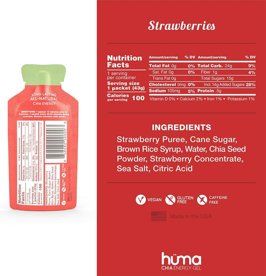 Huma Chia Energy Gel, Strawberries, 12 Gels - Premier Sports Nutrition For Endurance Exercise