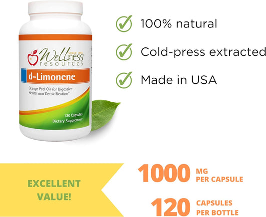 High Potency d-Limonene Capsules 1000mg, 120 Capsules - Orange Peel Extract for Digestive Health, Heartburn, Acid Reflux, Detoxification