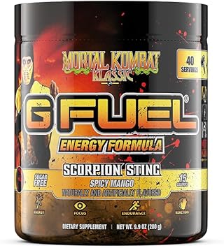 G Fuel Mortal Kombat Klassic Scorpion Sting Energy Powder, Sugar Free, Clean Caffeine Focus Supplement, Water Mix, Spicy Mango Flavor, Focus Amino, Vitamin + Antioxidant Blend, 9.9 Oz (40 Servings)