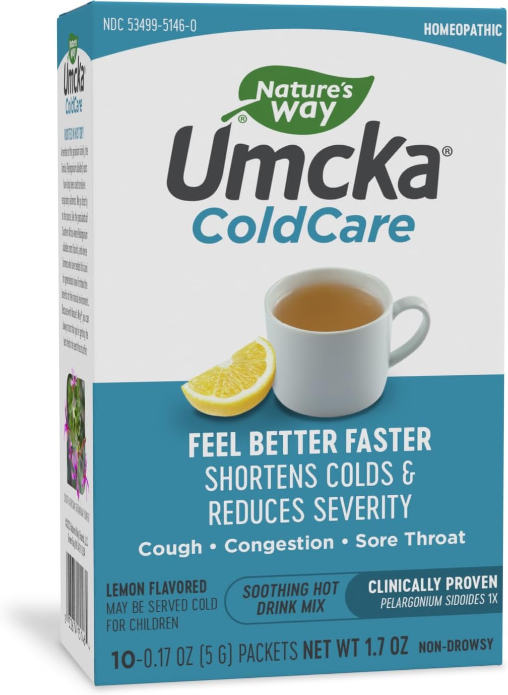 Nature's Way Umcka ColdCare Soothing Hot Drink - Homeopathic ? With Pelargonium sidoides 1X- Helps Shorten Duration of Colds - Soothing Lemon Flavored - Suitable for Ages 6+ - 10 Packets