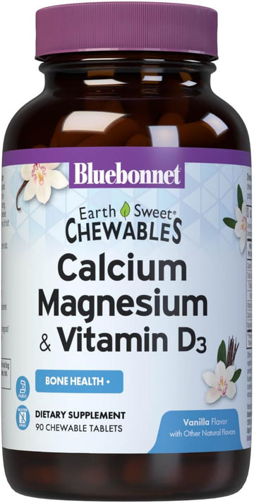 Bluebonnet Nutrition Calcium Magnesium Plus Vitamin D3 Earthsweet, Bone Health & Muscle Relaxation, Soy-Free, Gluten-Free, Kosher, Dairy-Free,90 Orange Vanilla Flavored Chewable Tablets