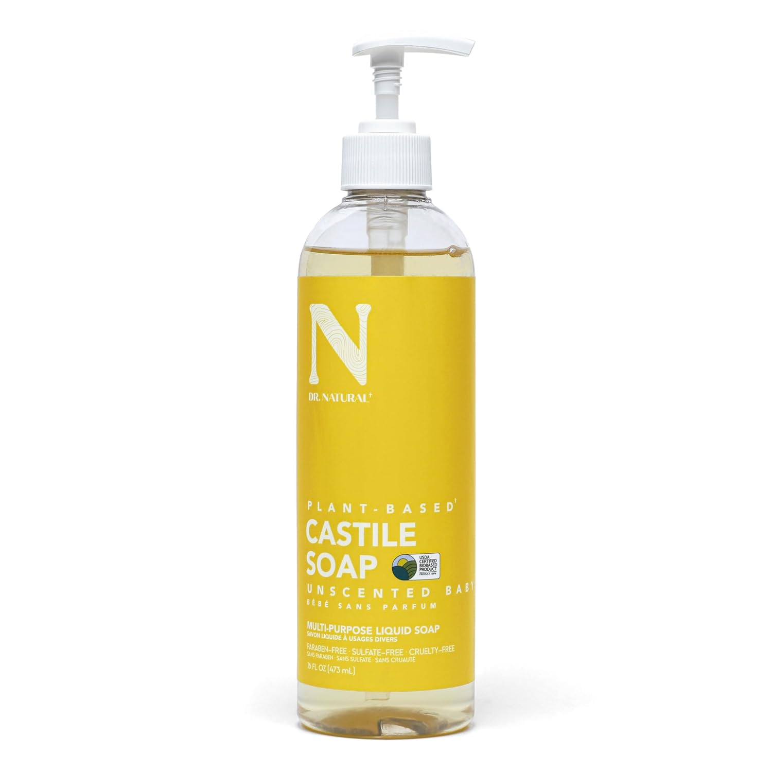 Dr. Natural Castile Liquid Unscented Baby Soap, Mild, 16 Oz - Plant-Based - Made With Organic Shea Butter - Rich In Essential Oils - Sulfate And Paraben-Free, Cruelty-Free - Multi-Purpose Soap