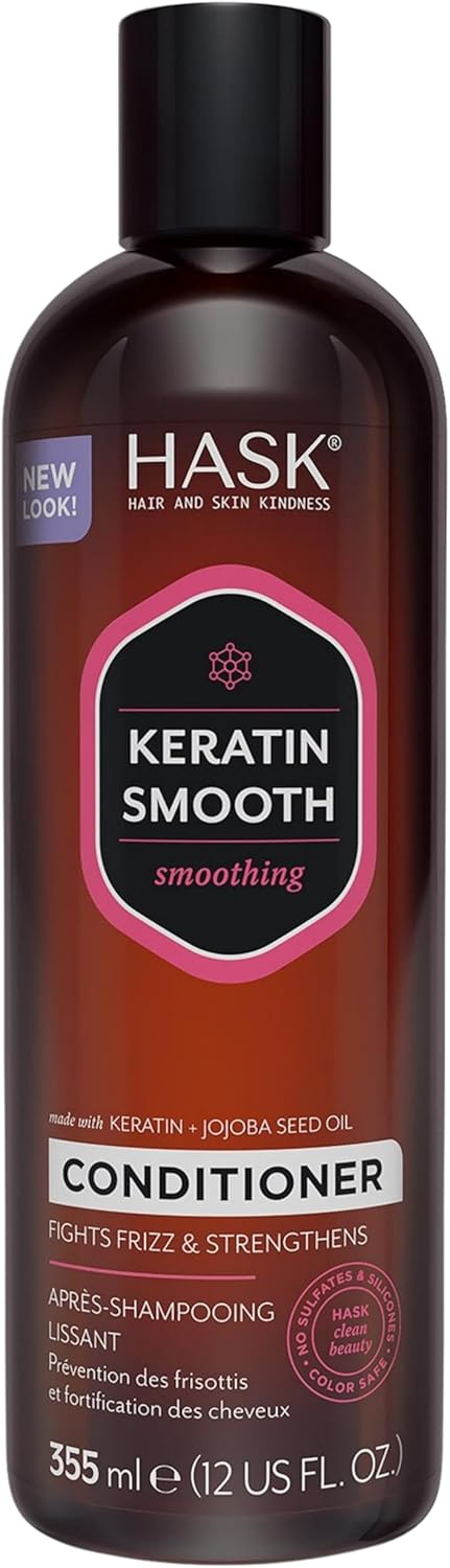 Hask Keratin Smoothing Conditioner For All Hair Types, Colour Safe, Gluten-Free, Sulfate-Free, Paraben-Free - 1 355Ml Bottle