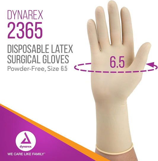 Dynarex Sterile Disposable Latex Surgical Gloves, Powder-Free, Sterilely Packaged In Pairs, Professional Medical And Healthcare Use, Veterinary Clinic, Bisque, Size 6.5, 1 Box Of 50 Pairs Of Gloves