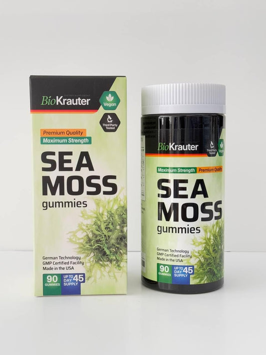 Bio Krauter Irish Sea Moss Gummies For Women And Men - 2840 Mg Strength - 90 Vegan Chews - Bladderwrack & Burdock Root Supplement - Chondrus Crispus Formula - Seamoss Gummies