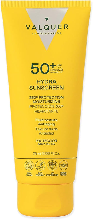 Valquer Hydra Sunscreen Spf 50 Sunscreen Facial Cream, Moisturizing And Anti-Aging. 360 Protection For All Skin Types. With Hyaluronic Acid And Silky Texture. Vegan. 75 Ml