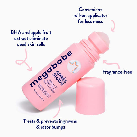Megababe Après Shave | Post-Shave & Waxing | Ingrown Hair & Razor Bump Roll-On Treatment For Women | Bikini, Armpits & Legs | 3.0 Fl Oz