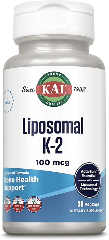 Kal Liposomal Vitamin K2 Supplement With Mk7 100 Mcg, High Absorption, Liposomal Technology, Advanced Bone Support, Vegan Capsules, Gluten Free, Made Without Soy, 30 Servings