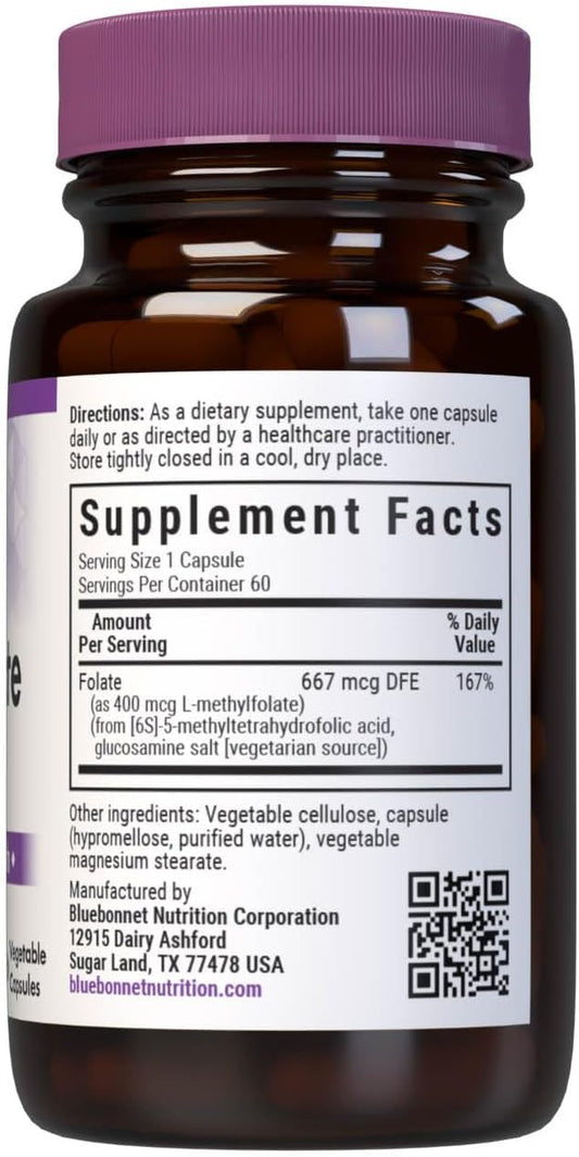 Bluebonnet Nutrition Cellularactive Methylfolate 400 Mcg, Formulated With Quatrefolic, Energy, Mood, And Prenatal Health*, Vegan, Gluten-Free, Non-Gmo, And Kosher, 60 Vegetable Capsules, 60 Servings