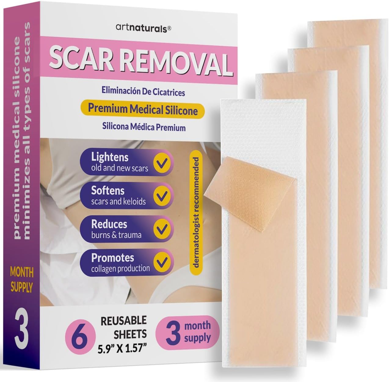 Artnaturals Silicone Scar Sheets (1.57"X 5.9") 6 Pack Reusable And Effective Scar Removal Sheets, For Surgical Scars,Healing Keloid, C-Section, Tummy Tuck, 3 Month Suply