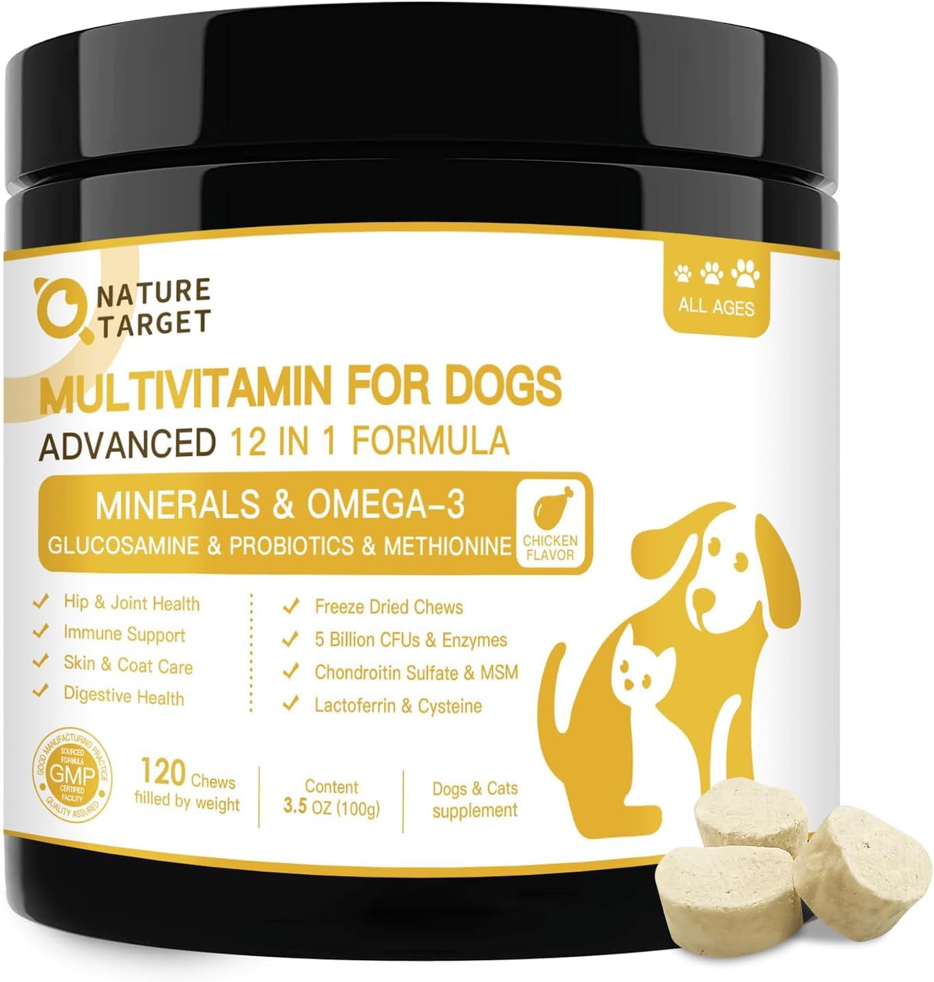 Dog Vitamins For Overall Health With Minerals, Multivitamins For Dogs For Immune Support, Digestive Health, Joint, Hip, Skin And Coat Care With Probiotics, Glucosamine, Enzymes, 120 Freeze Dried Chews