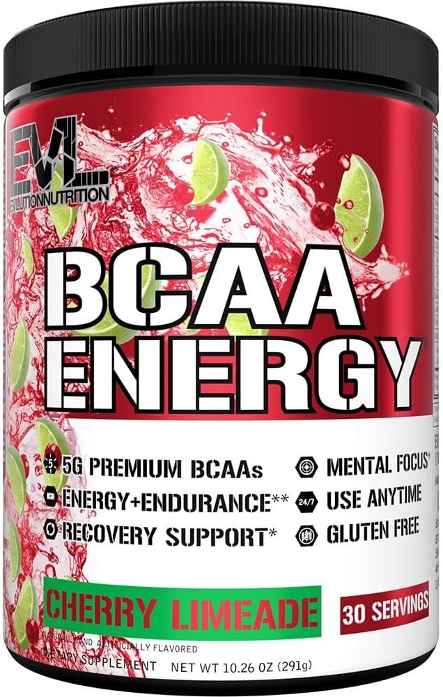 EVL BCAAs Amino Acids Powder - BCAA Energy Pre Workout for Muscle Recovery Lean Growth and Endurance - Rehydrating Post Workout Recovery Drink with Natural Caffeine - Cherry Limeade