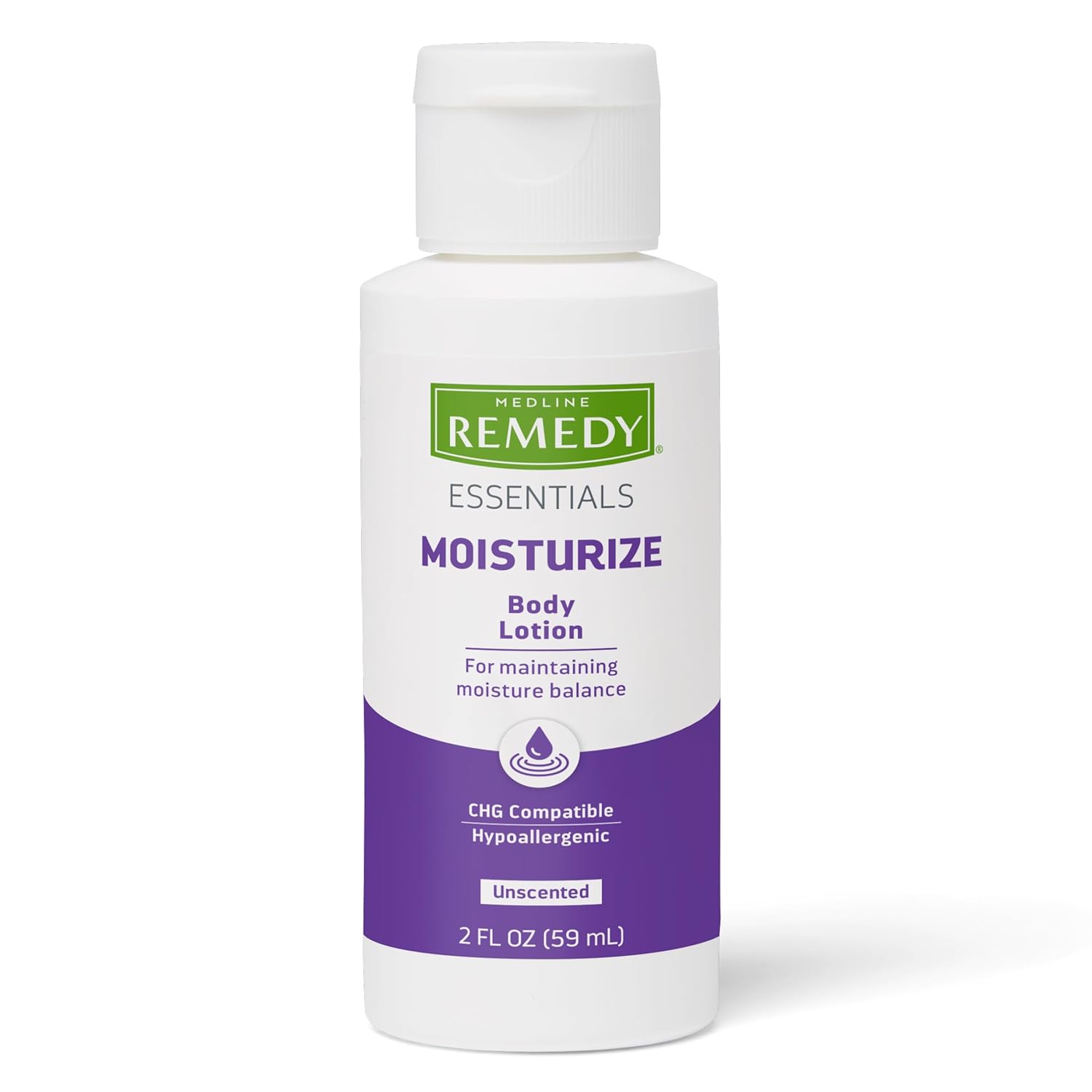 Medline Remedy Essentials Moisturizing Body Lotion (2 Oz Bottle), Unscented, Travel-Size, Hydrating, Non-Greasy, For Dry Skin, Hypoallergenic, Men, Women, Elderly