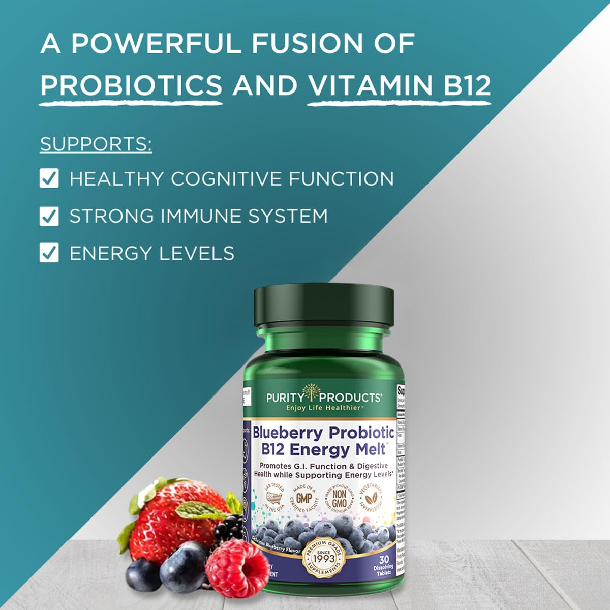 Purity Products Blueberry Probiotic B12 Energy Melt ProDura Clinical Probiotic - Organic Blueberries, Methylcobalamin B-12-30 Melts : Health & Household