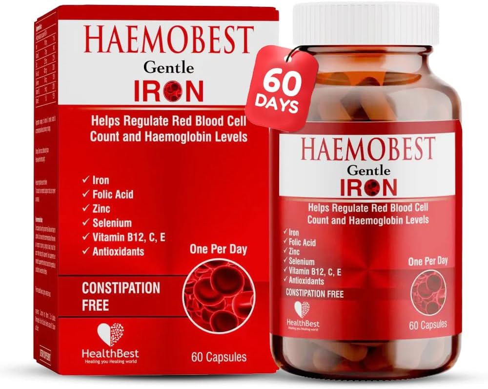 Haemobest Gentle Iron Power Capsules With Vitamin C - 60 Count - Boost Haemoglobin, Gentle On Stomachs - Non-Constipating Formula - Enhances Red Blood Cells Support
