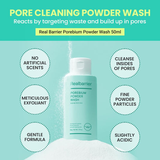 Real Barrier Porebium Powder Wash,50Ml,1.76 Fl Oz, Micro-Powder Particles Facial Cleanser, Exfoliator For Sensitive Skin, Impurities, Dead Skin Cells Ceramide Solution, Deep Cleansing, Korean Skincare