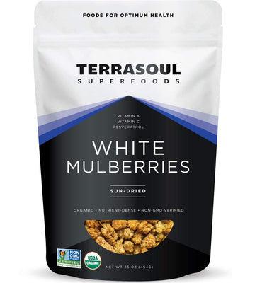 Terrasoul Superfoods Organic Sun-Dried White Mulberries, 16 Oz, Sweet Superfood Snacking, Smoothie Booster, And Nutrient-Packed Yogurt Topping