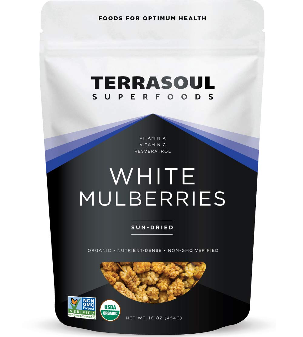 Terrasoul Superfoods Organic Sun-dried White Mulberries, 16 Oz, Sweet Superfood Snacking, Smoothie Booster, and Nutrient-Packed Yogurt Topping