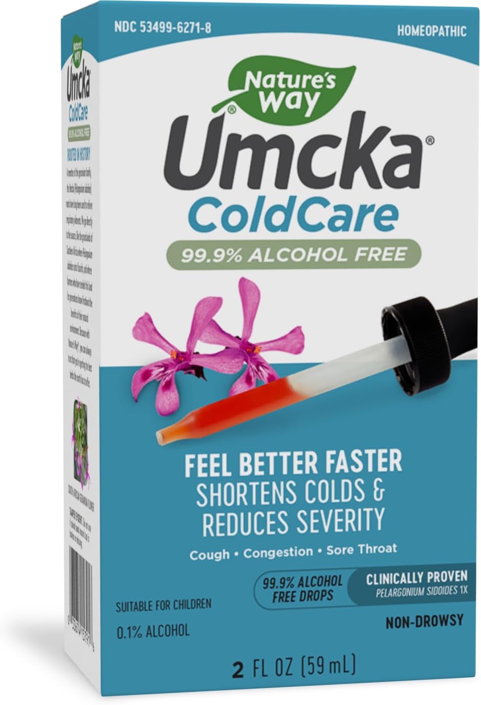 Nature'S Way Umcka Coldcare Homeopathic, Shortens Colds, Sore Throat, Cough, And Congestion, Phenylephrine Free, Non-Drowsy, Cherry Flavored, 2 Fl. Oz Drops