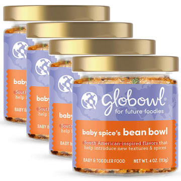 Globowl Stage 3 Baby Food & Toddler Meals, 6+ Months Early Allergen Introduction, Baby Led Weaning, International Whole Food Snacks For Toddlers, Babies, 4Oz Glass Jar, Baby Spice'S Bean Bowl, 4-Pack